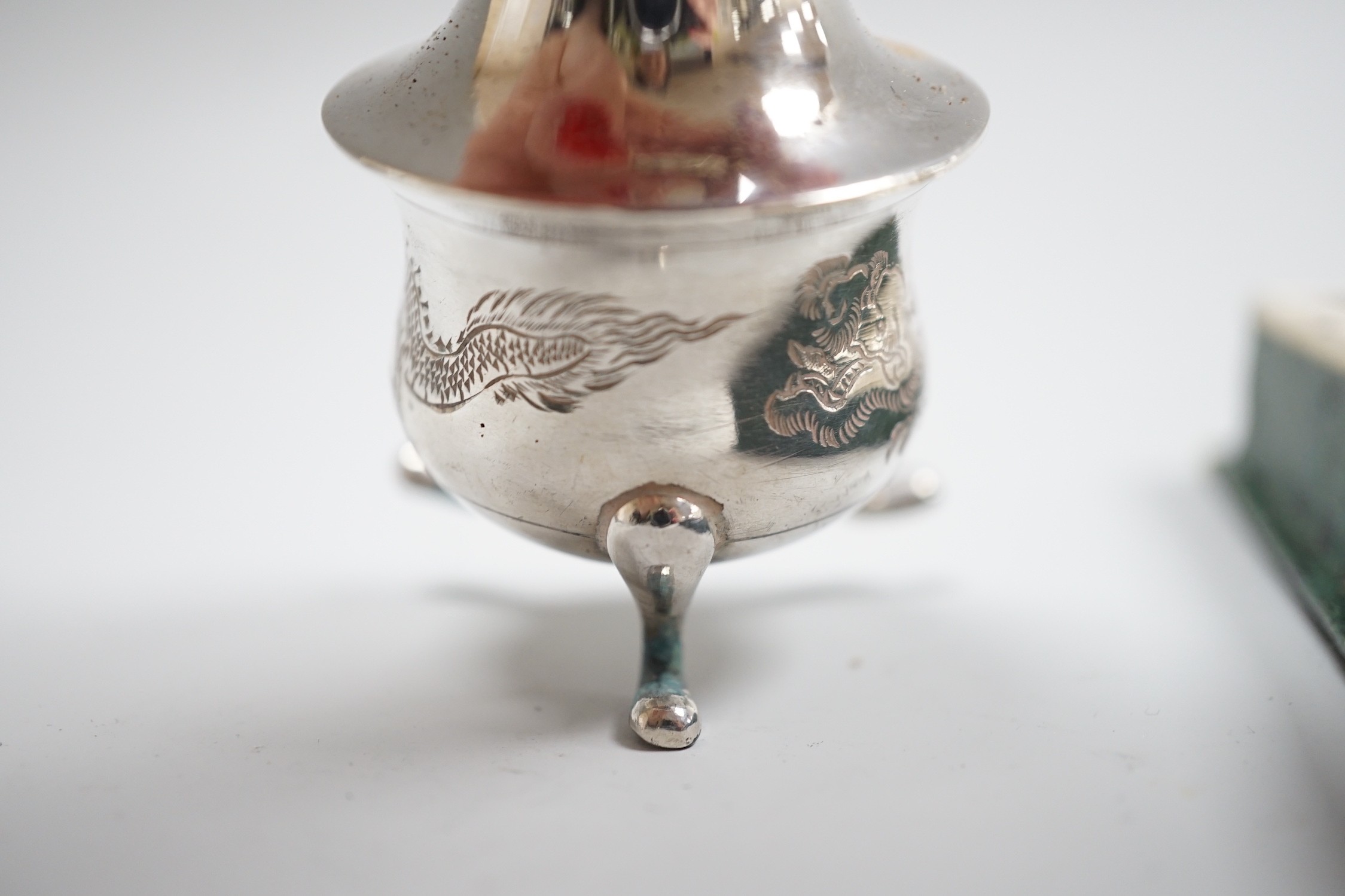 A late 19th/early 20th century Chinese Export sterling condiment by Tack Hing, Hong Kong and two sets of six Chinese white metal and jade? set coffee spoons, by Wai Kee, 83mm